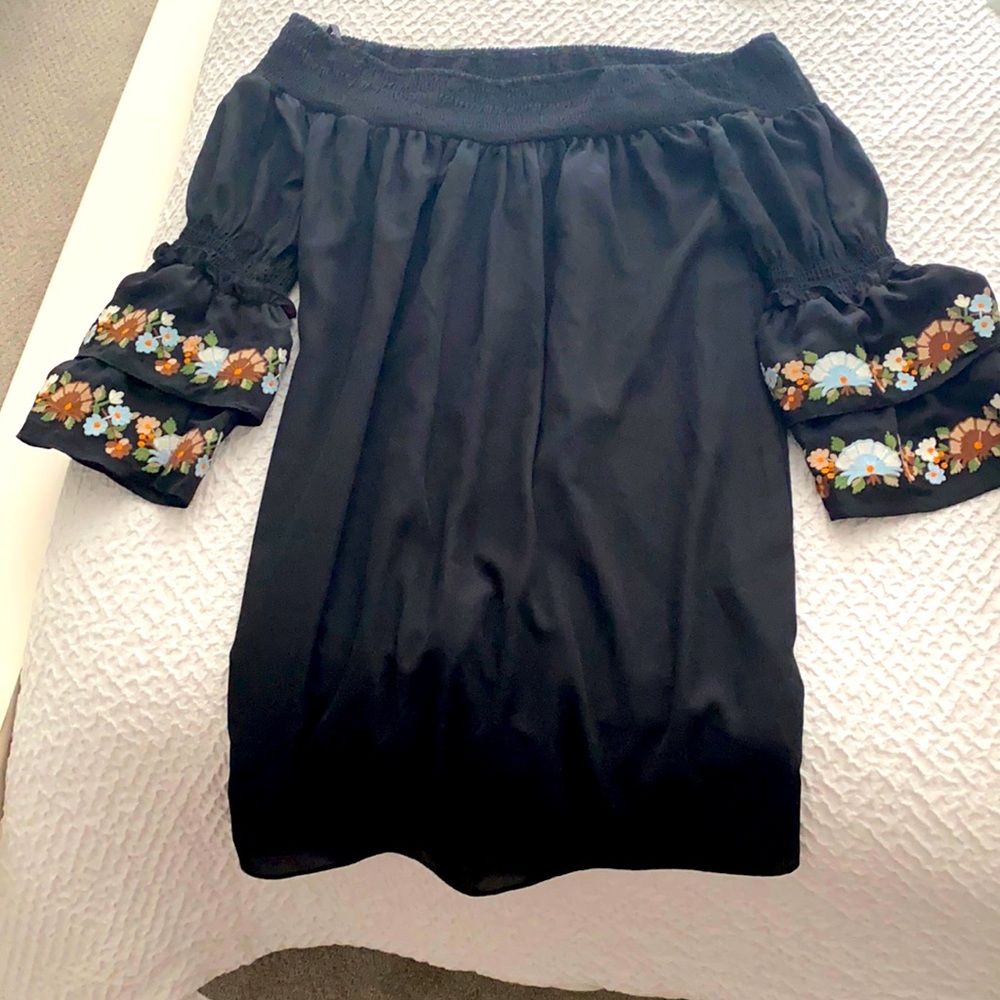 Black embroidered off the shoulder dress